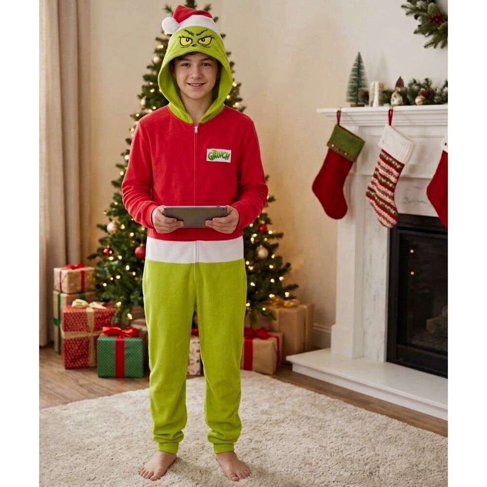 Dr. Seuss Grinch One Piece Fleece Hooded Zip Pajamas L 10/12 Red Green Halloween
